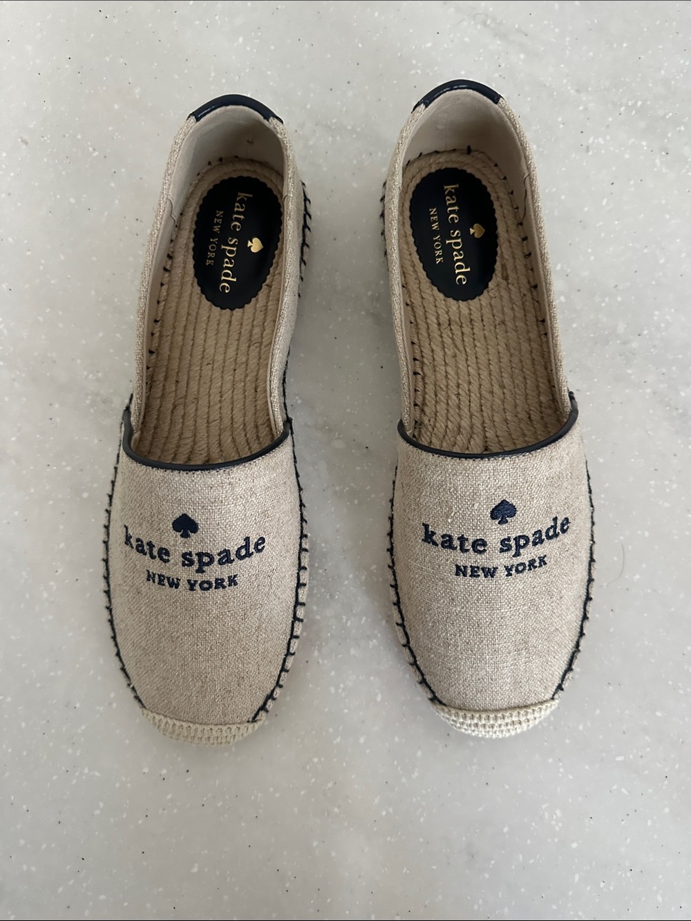 NWOT - Kate Spade - 9.5 - Beige Canvas Espadrille Slip-Ons with Navy Logo